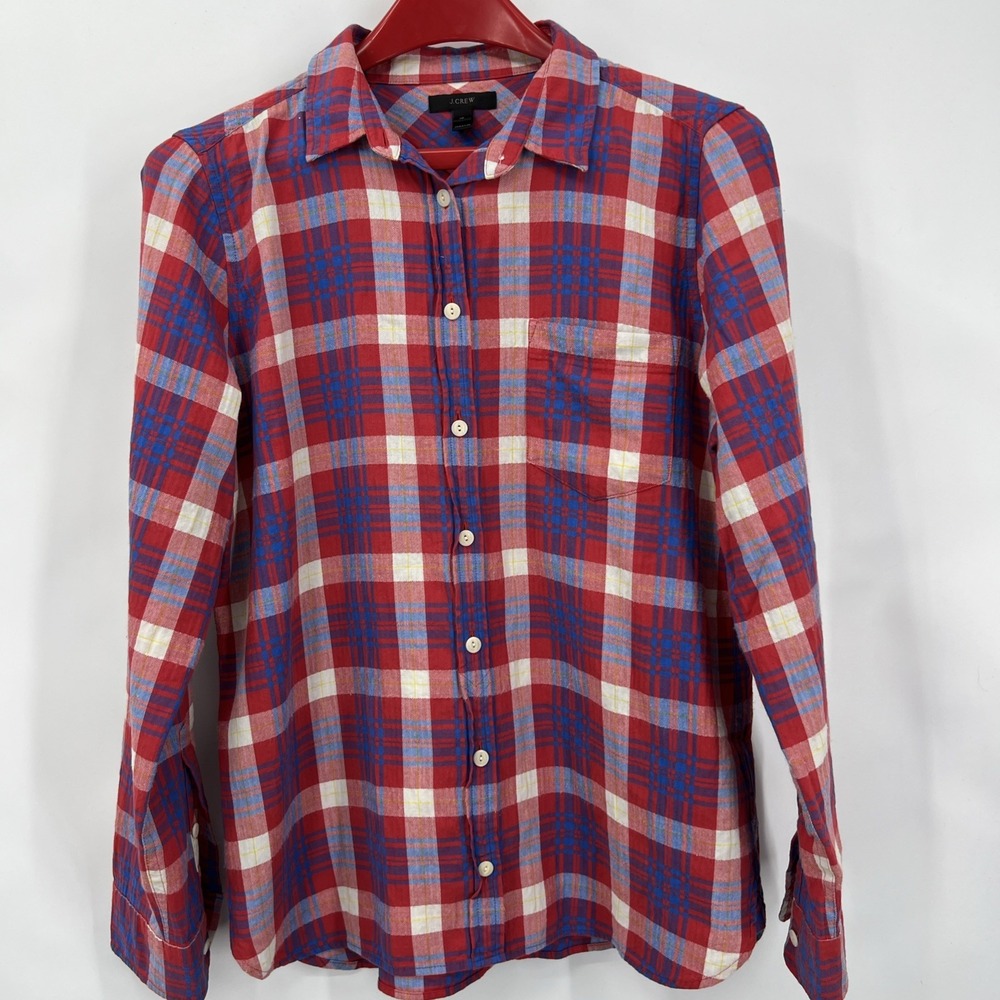 J.Crew Women's Sz 10 Red Blue Plaid Cotton Blend Button Up Chambray Shirt Preppy